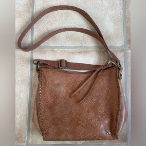 The Sak Tooled Leather Shoulder Bag Brown Floral Gold Brad  Detail Canvas Strap